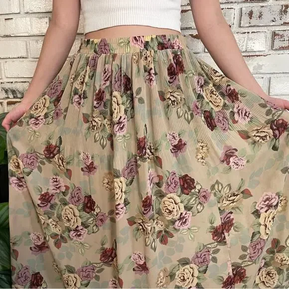 Vintage 90s Sag Harbor Floral Pleated A-line Slightly Sheer Maxi Skirt